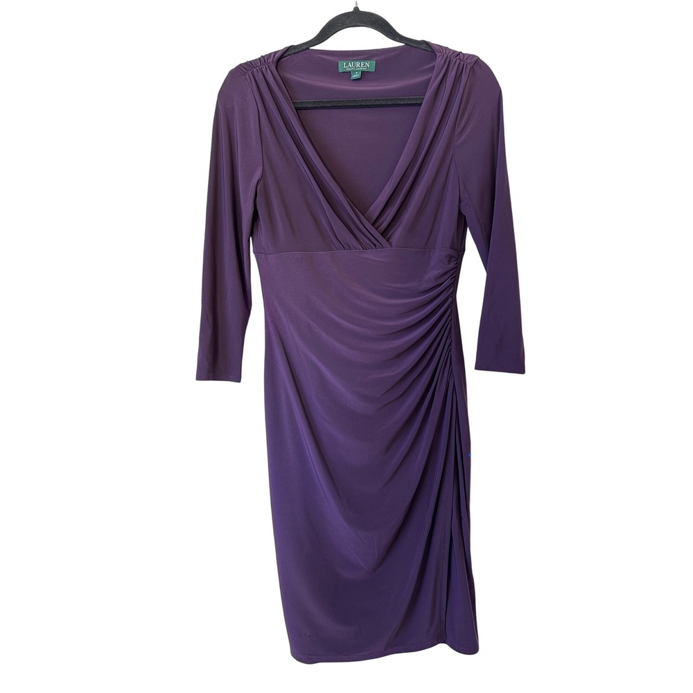 Lauren Ralph Lauren Plum Purple Ruched Surplice Sheath Dress Size 6 3/4 Sleeve